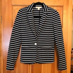 Navy and white striped blazer.